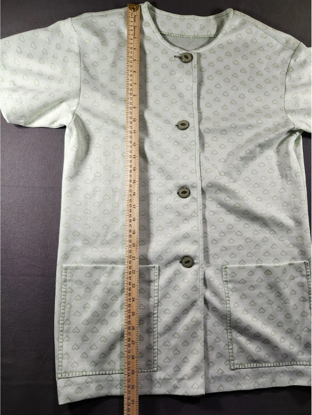 Women’s L Handmade 2pc Pajama Set Green/White Hearts Button-Front And 4 Pockets